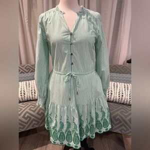 Lands' End Mint Striped Dress with Green Embroidery